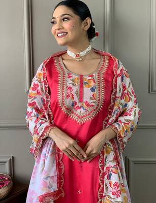 Gajri color bsy viscosee ceremonial wear embroidery with printed kurta set 3