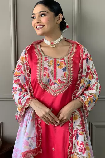 Gajri color bsy viscosee ceremonial wear embroidery with printed kurta set