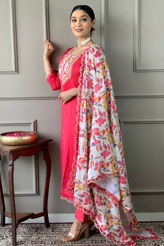 Gajri color bsy viscosee ceremonial wear embroidery with printed kurta set