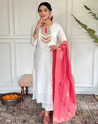 Off white color viscosee blend ceremonial wear embroidery with wevon kurta set 1