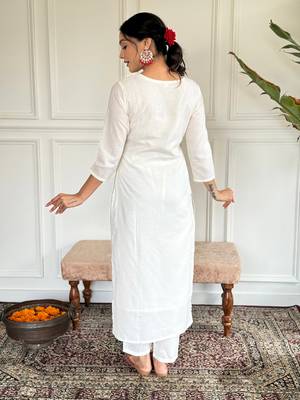 Off white color viscosee blend ceremonial wear embroidery with wevon kurta set 2