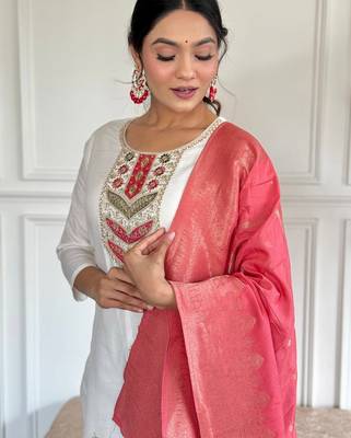 Off white color viscosee blend ceremonial wear embroidery with wevon kurta set 3
