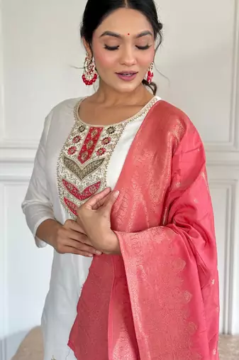 Off white color viscosee blend ceremonial wear embroidery with wevon kurta set