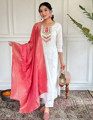 Off white color viscosee blend ceremonial wear embroidery with wevon kurta set 4