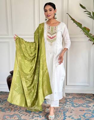 Off white color viscosee blend ceremonial wear embroidery with wevon kurta set 1
