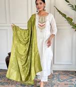 Off white color viscosee blend fabric ceremonial wear embroidery work with wevon kurta set
