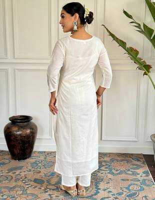 Off white color viscosee blend ceremonial wear embroidery with wevon kurta set 2