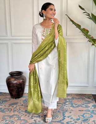 Off white color viscosee blend ceremonial wear embroidery with wevon kurta set 4