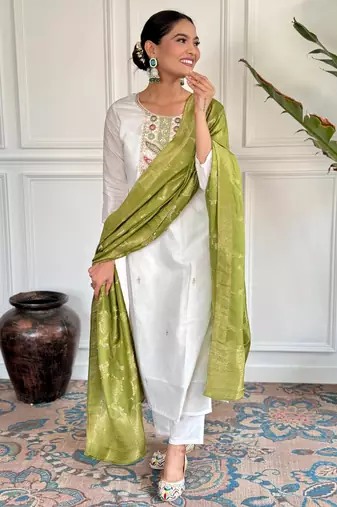 Off white color viscosee blend ceremonial wear embroidery with wevon kurta set