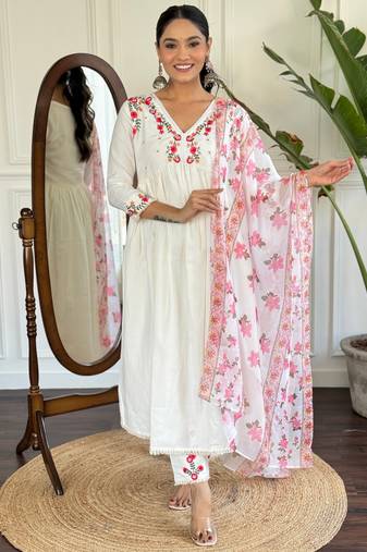 Off white color viscose rayon fabric ceremonial wear embroidery work with printed kurta set