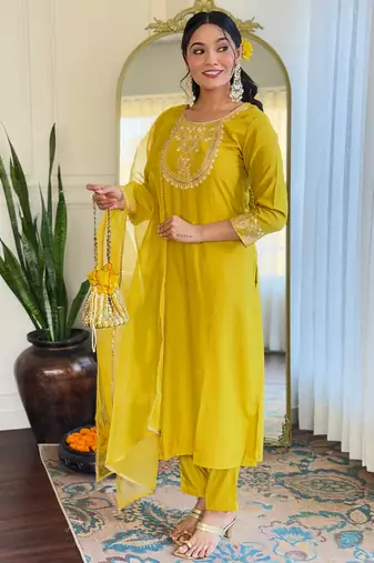 Liril color rayon slub ceremonial wear embroidery kurta set