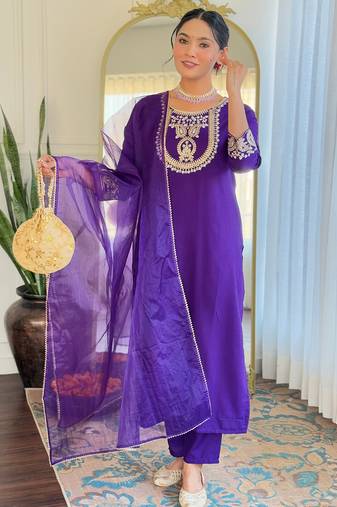Voilet color rayon slub fabric ceremonial wear embroidery work kurta set