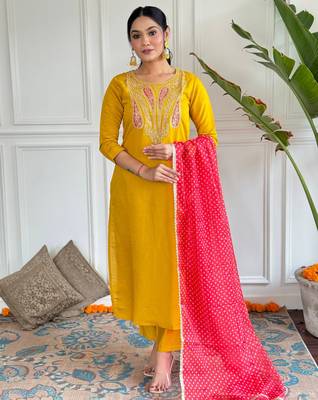 Mustard color viscosee ceremonial wear embroidery with printed kurta set 1