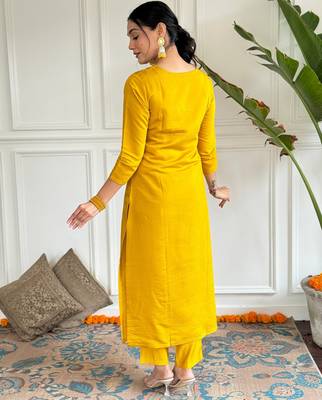 Mustard color viscosee ceremonial wear embroidery with printed kurta set 2