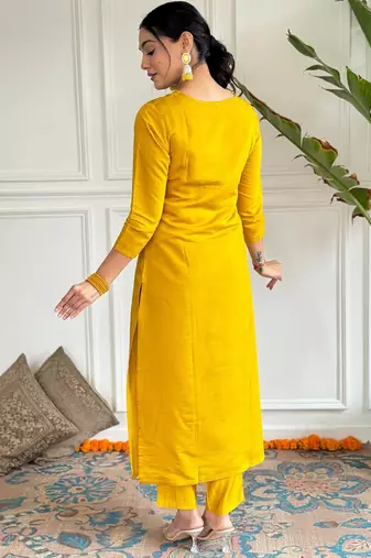 Mustard color viscosee ceremonial wear embroidery with printed kurta set