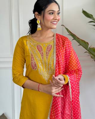 Mustard color viscosee ceremonial wear embroidery with printed kurta set 3