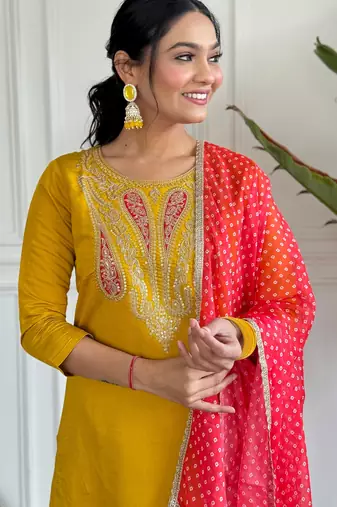 Mustard color viscosee ceremonial wear embroidery with printed kurta set