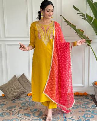 Mustard color viscosee ceremonial wear embroidery with printed kurta set 4