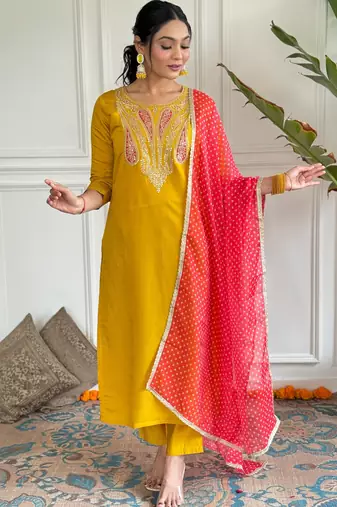 Mustard color viscosee ceremonial wear embroidery with printed kurta set