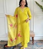 Lemon color rayon slub fabric ceremonial wear embroidery work with printed kurta set