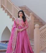 Pink color gold crush fabric embroidery wedding wear gown with dupatta