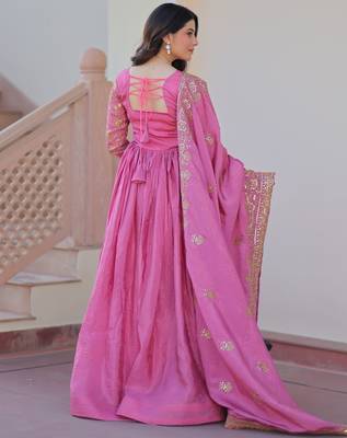 Pink color gold crush embroidery wedding wear gown with dupatta 3