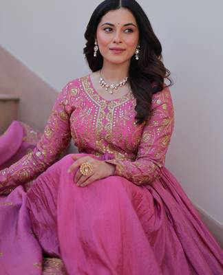 Pink color gold crush embroidery wedding wear gown with dupatta 4