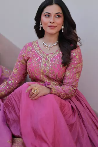 Pink color gold crush embroidery wedding wear gown with dupatta