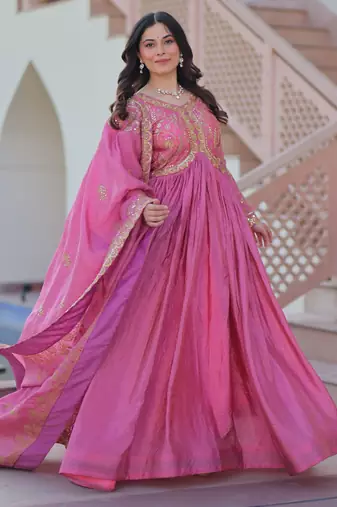 Pink color gold crush embroidery wedding wear gown with dupatta