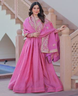 Pink color gold crush embroidery wedding wear gown with dupatta 6