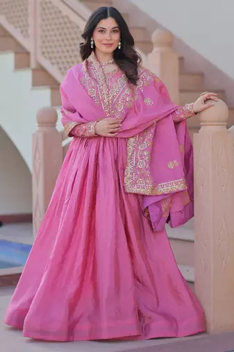 Pink color gold crush embroidery wedding wear gown with dupatta