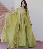 Pista color gold crush fabric embroidery wedding wear gown with dupatta