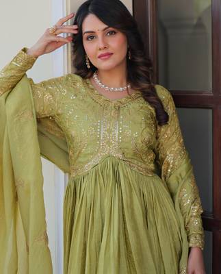 Pista color gold crush embroidery wedding wear gown with dupatta 4