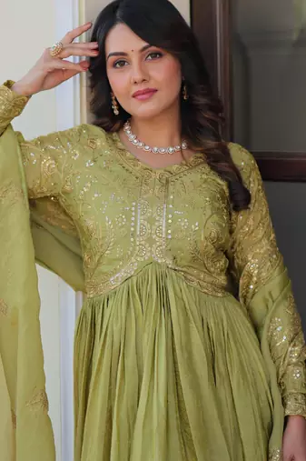 Pista color gold crush embroidery wedding wear gown with dupatta