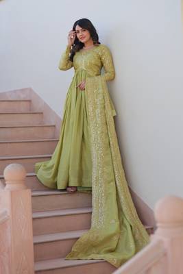 Pista color gold crush embroidery wedding wear gown with dupatta 5