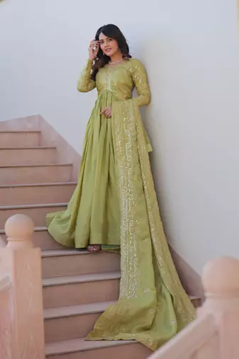 Pista color gold crush embroidery wedding wear gown with dupatta