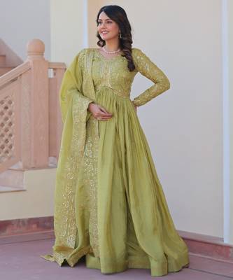 Pista color gold crush embroidery wedding wear gown with dupatta 6