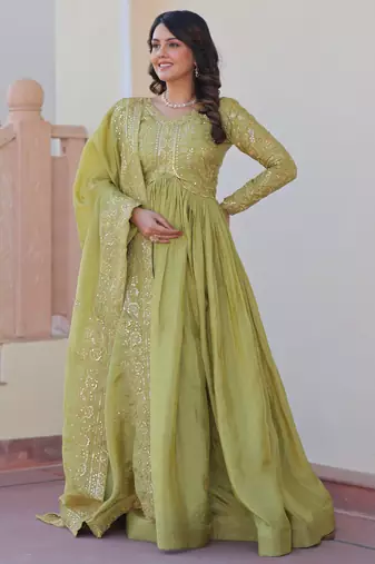 Pista color gold crush embroidery wedding wear gown with dupatta