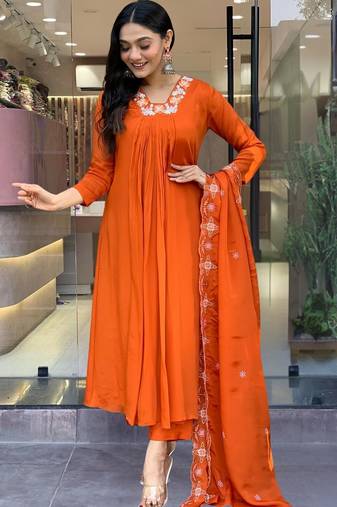 Orange color silk chiffon fabric beautiful festive wear readymade kurta set