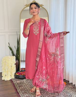 Gajri color chanderi beautiful festive wear readymade kurta set 1