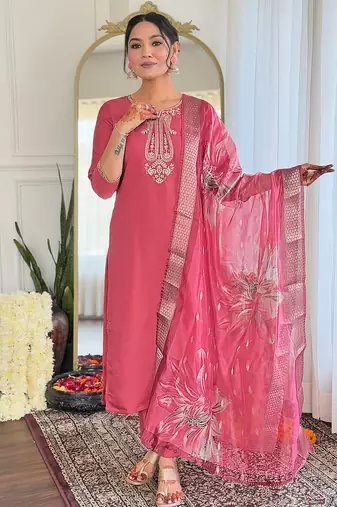 Gajri color chanderi fabric beautiful festive wear readymade kurta set