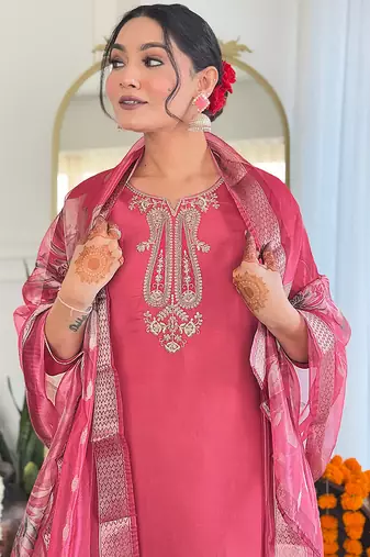 Gajri color chanderi beautiful festive wear readymade kurta set