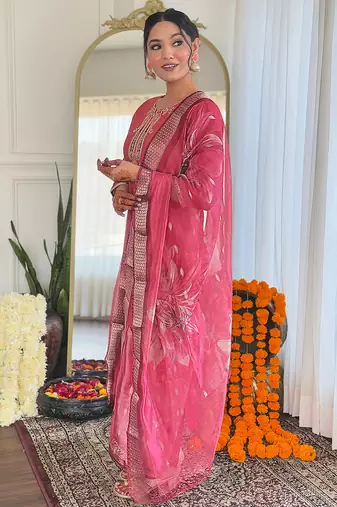 Gajri color chanderi beautiful festive wear readymade kurta set