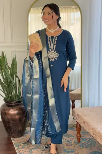 Teal blue color rayon fabric beautiful festive wear readymade kurta set