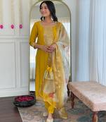 Mustard color viscose fabric beautiful festive wear readymade kurta set