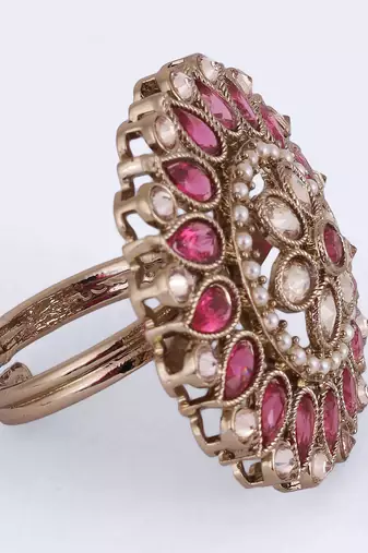 Royal flower and oval shape gold plated adjustable finger ring for women