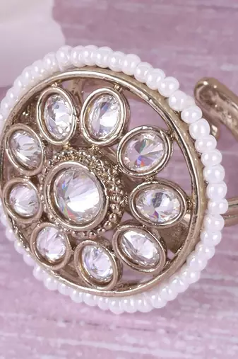 Smooth round shape and pearl gold plated adjustable finger ring for women