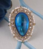 Splendid oval shape center blue stone gold plated adjustable finger ring for women