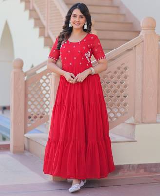Red color faux georgette beads embroidery and ceremonial wear gown 1