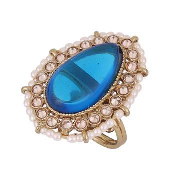 Splendid oval shape center blue stone gold plated adjustable finger ring for women 2